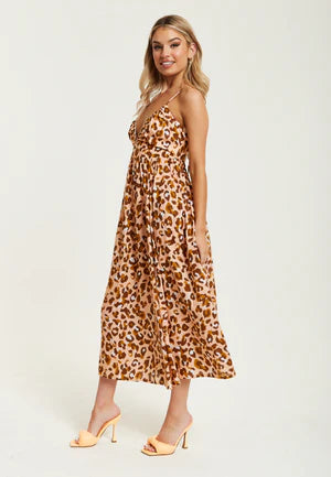 Liquorish Brown Leopard Strappy Midi Dress With Open Back