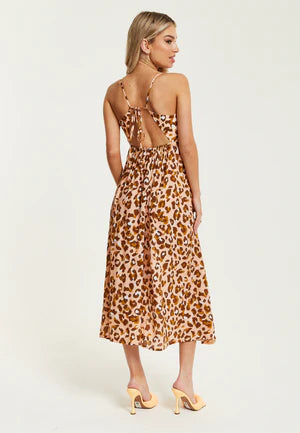 Liquorish Brown Leopard Strappy Midi Dress With Open Back