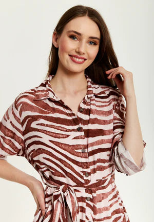 Liquorish Brown Zebra Print Midi Shirt Dress