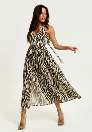 Liquorish Brown Zebra Strappy Midi Dress With Open Back