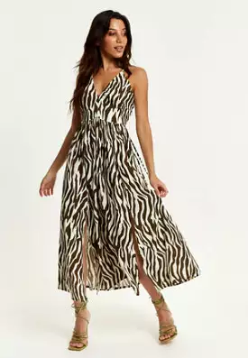 Liquorish Brown Zebra Strappy Midi Dress With Open Back