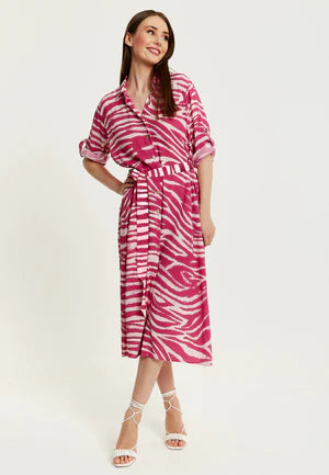 Liquorish Fuchsia Zebra Print Midi Shirt Dress