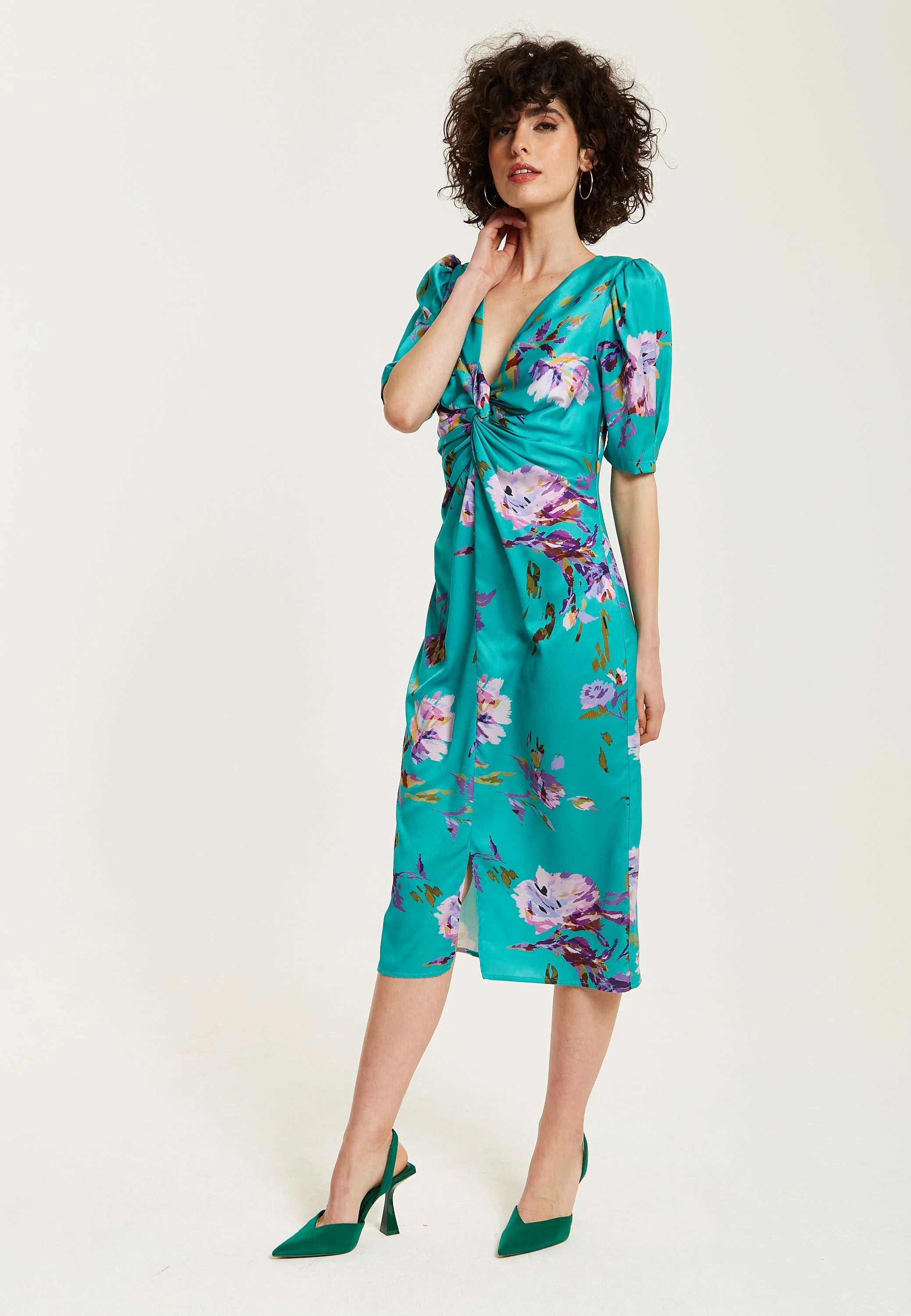 Liquorish Green Floral Knot Front Midi Dress