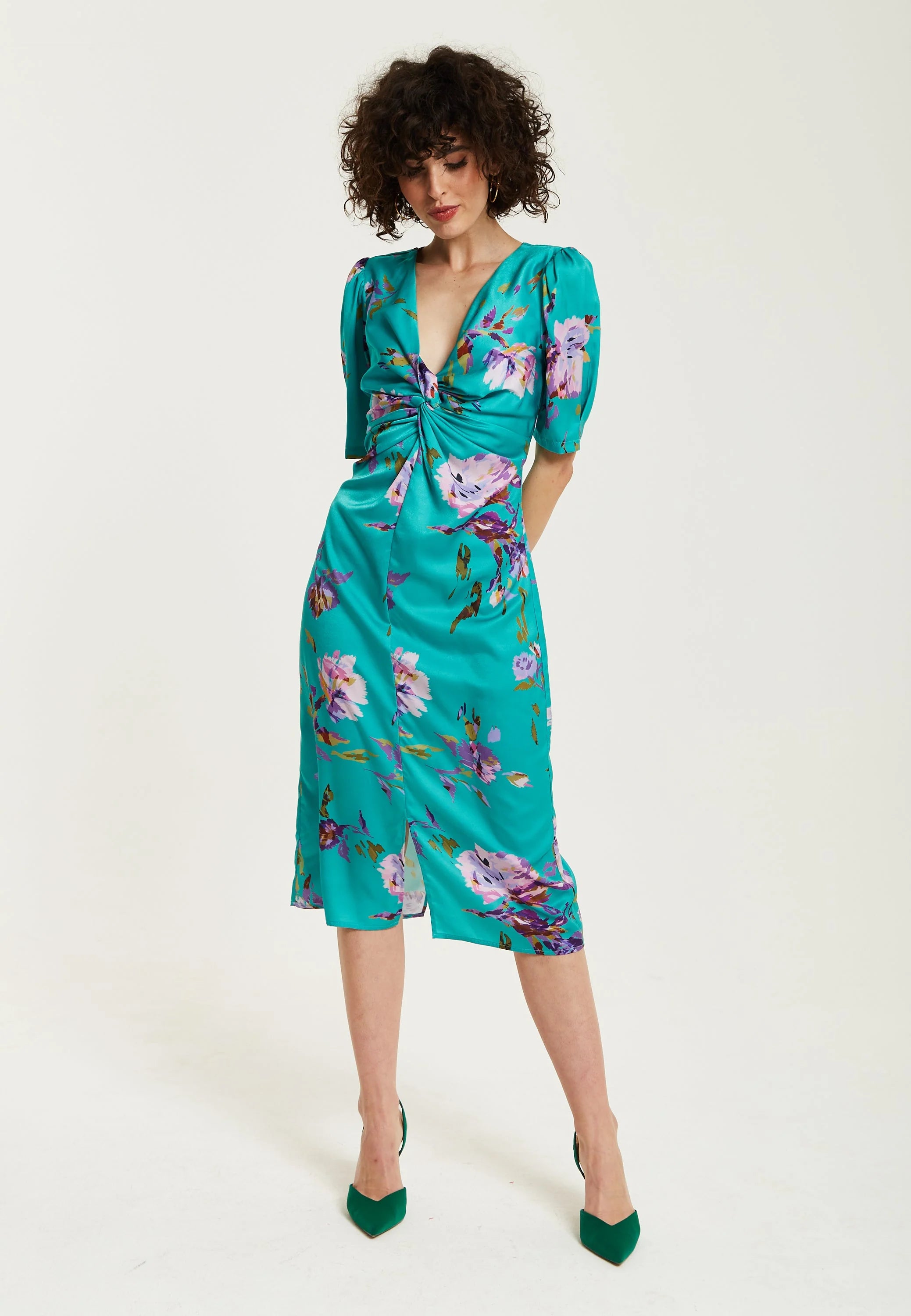 Liquorish Green Floral Knot Front Midi Dress