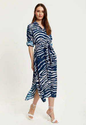 Liquorish Navy Zebra Print Midi Shirt Dress