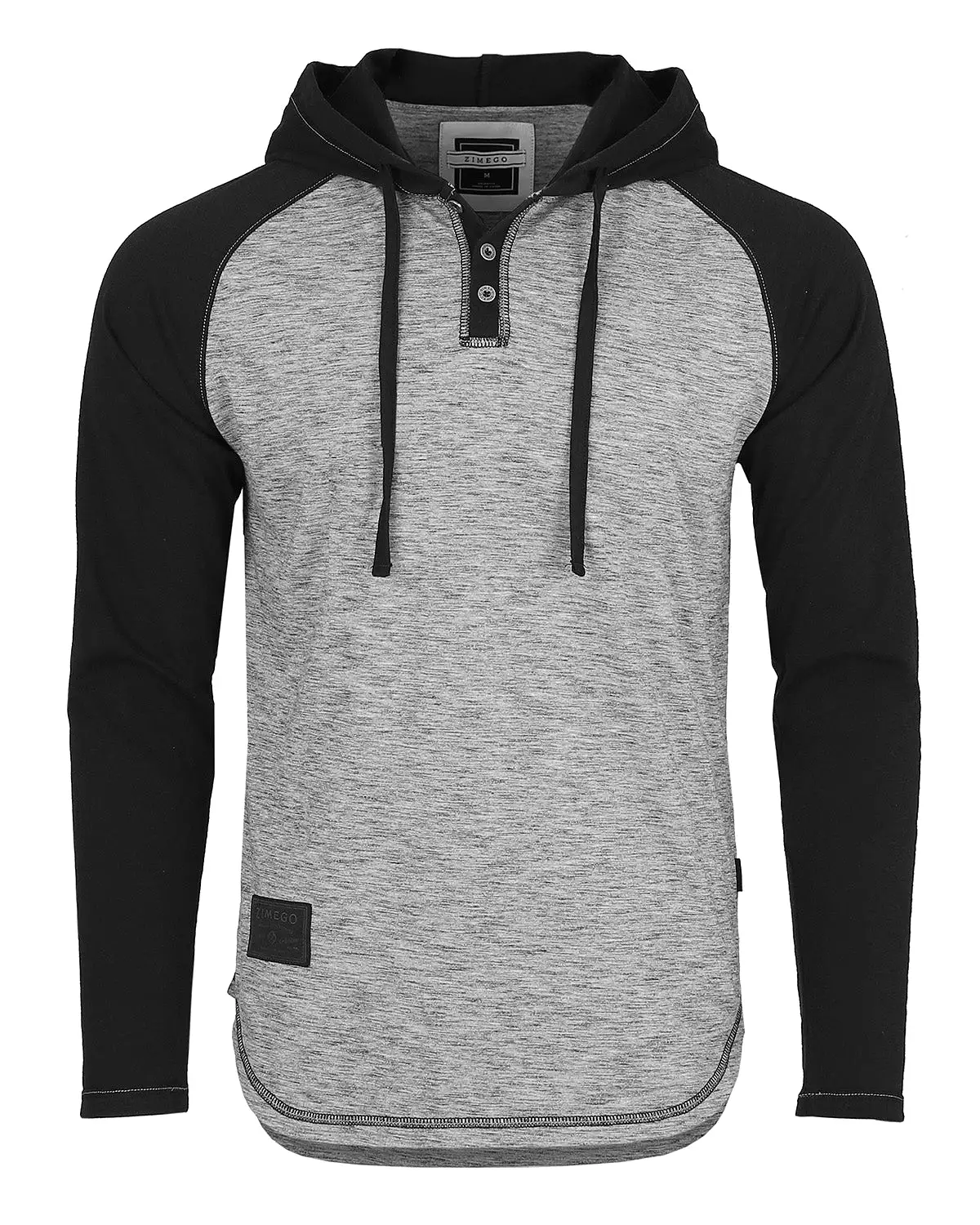 Long Sleeve Raglan Henley Round Bottom Hood T-Shirt White/Black