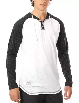 Long Sleeve Raglan Henley Round Bottom Hood T-Shirt White/Black