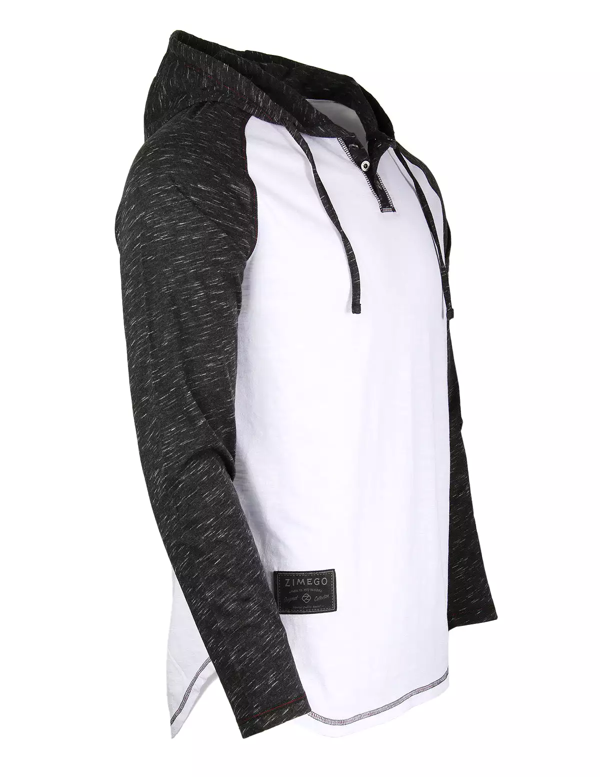 Long Sleeve Raglan Henley Round Bottom Hood T-Shirt White/Black