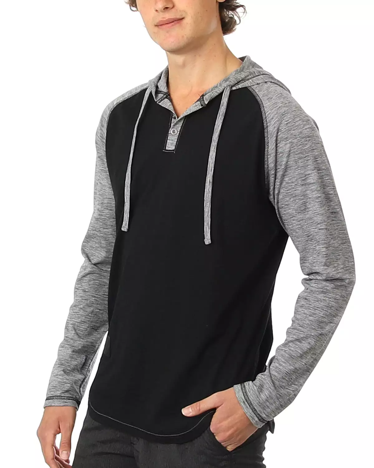 Long Sleeve Raglan Henley Round Bottom Hood T-Shirt White/Black