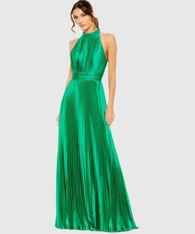 Mac Duggal Pleated High Neck Satin Sleeveless Halter Wedding Guest Maxi Gown In Spring