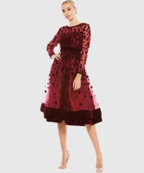 Mac Duggal Red Embellished Illusion High Neck Long Sleeve Fit & Flare Wedding Guest Dress In