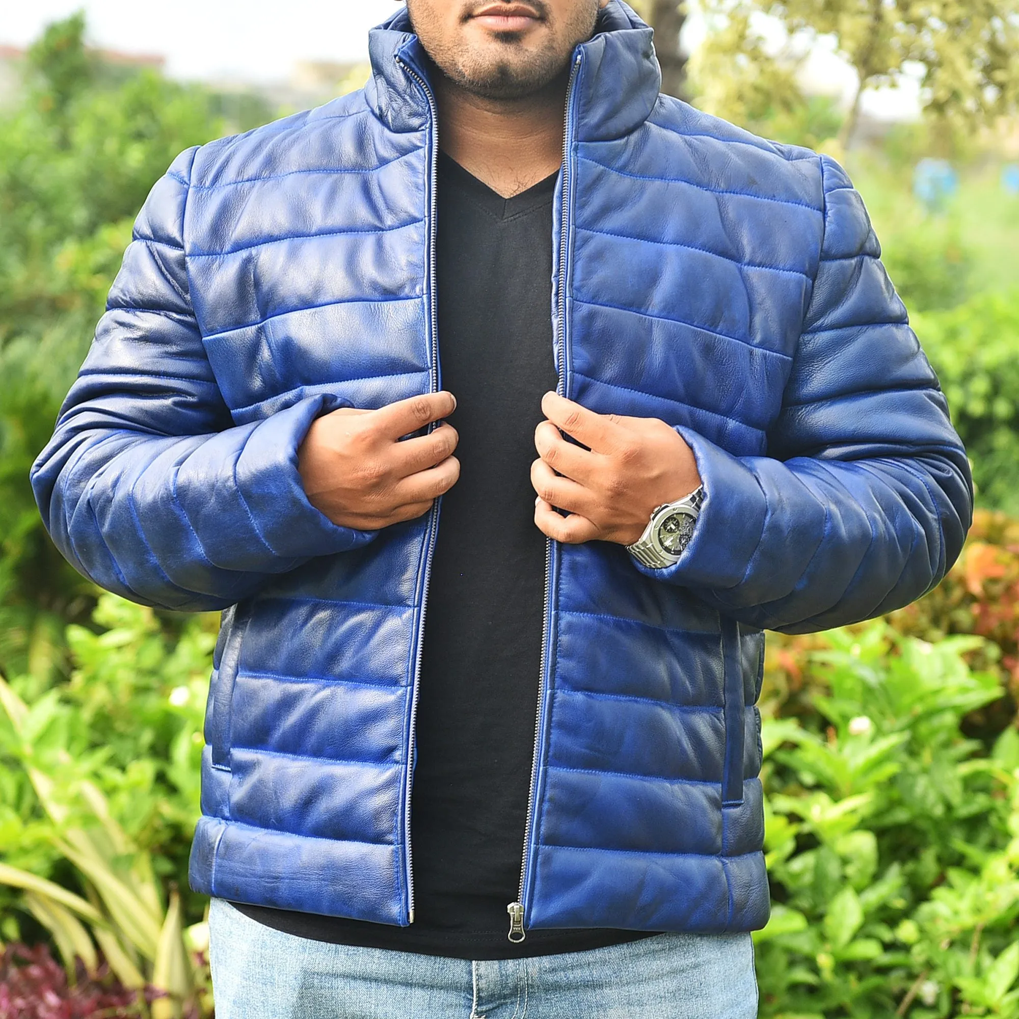 Men's Blue Leather Puffer Jacket