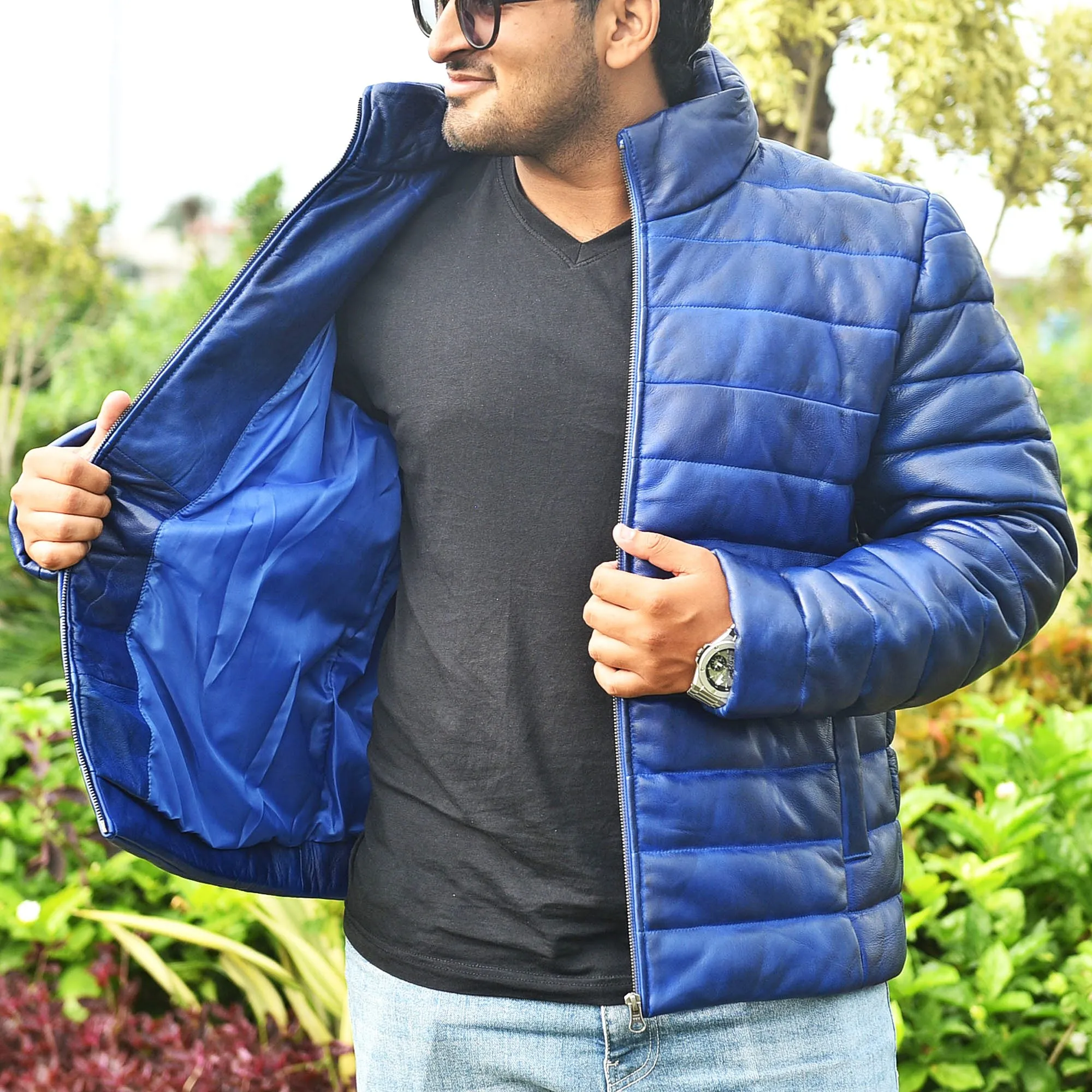 Men's Blue Leather Puffer Jacket