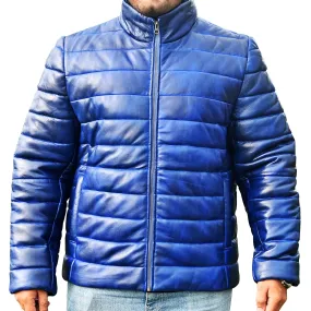 Men's Blue Leather Puffer Jacket