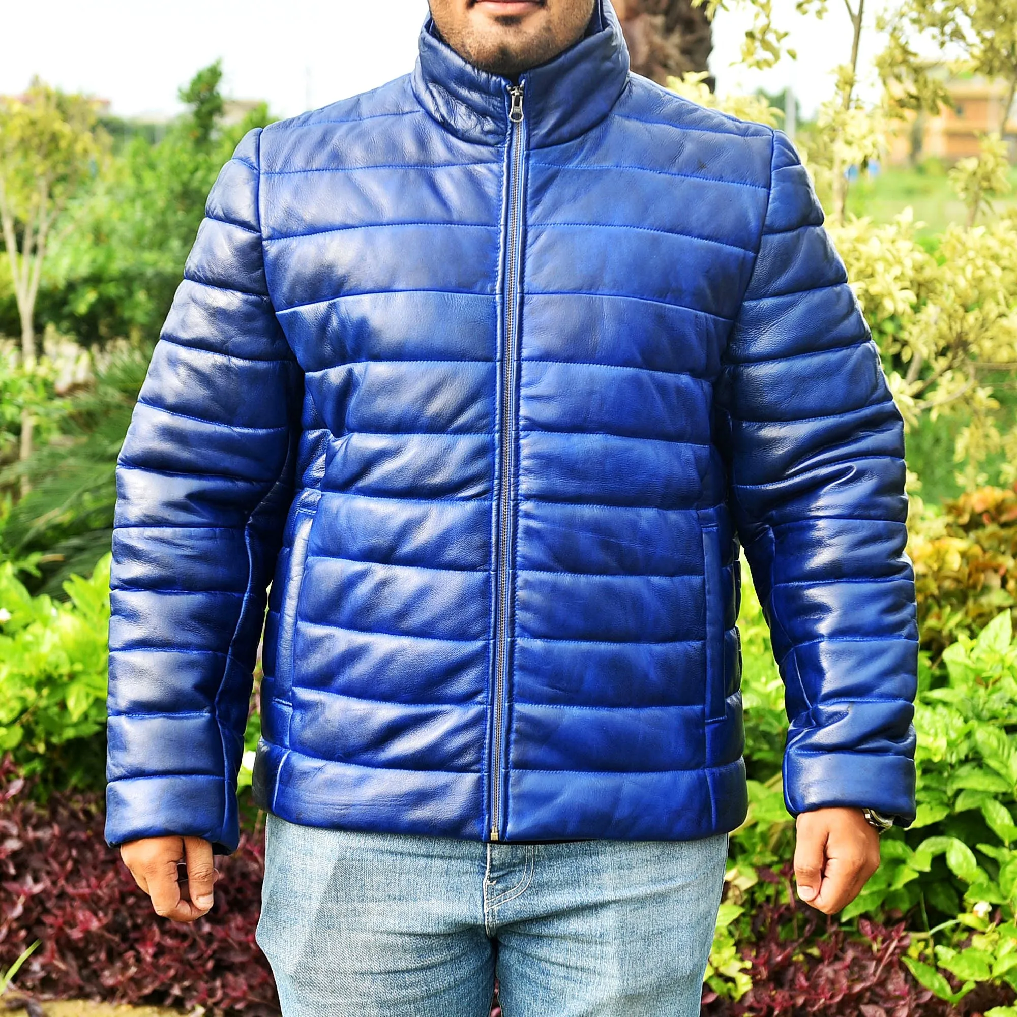 Men's Blue Leather Puffer Jacket