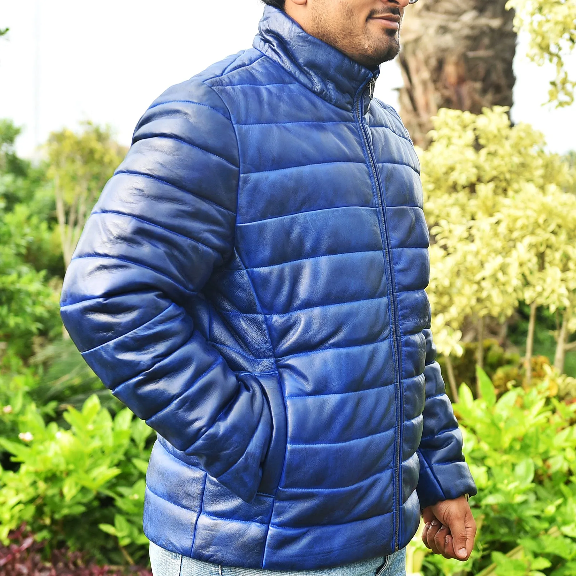 Men's Blue Leather Puffer Jacket