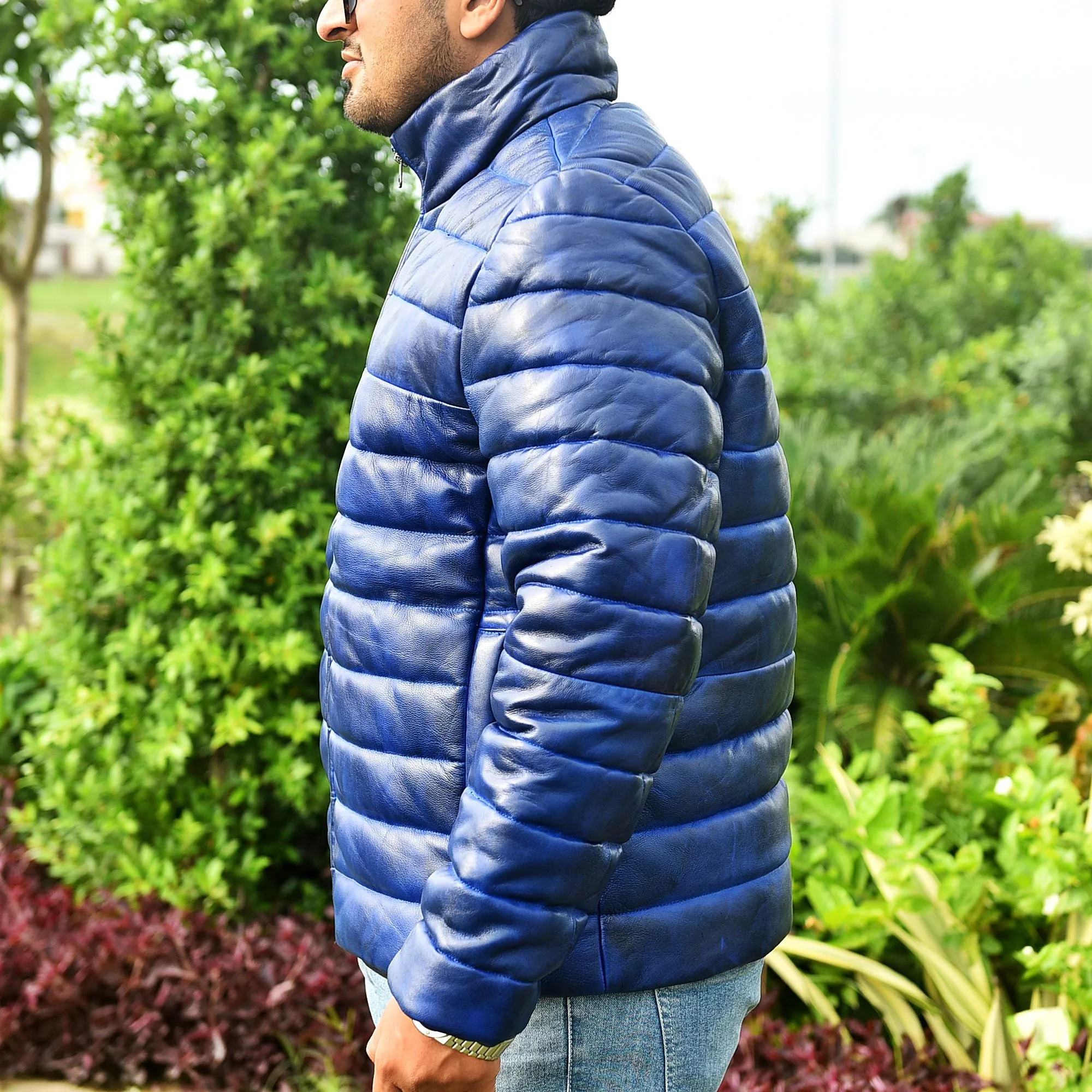 Men's Blue Leather Puffer Jacket