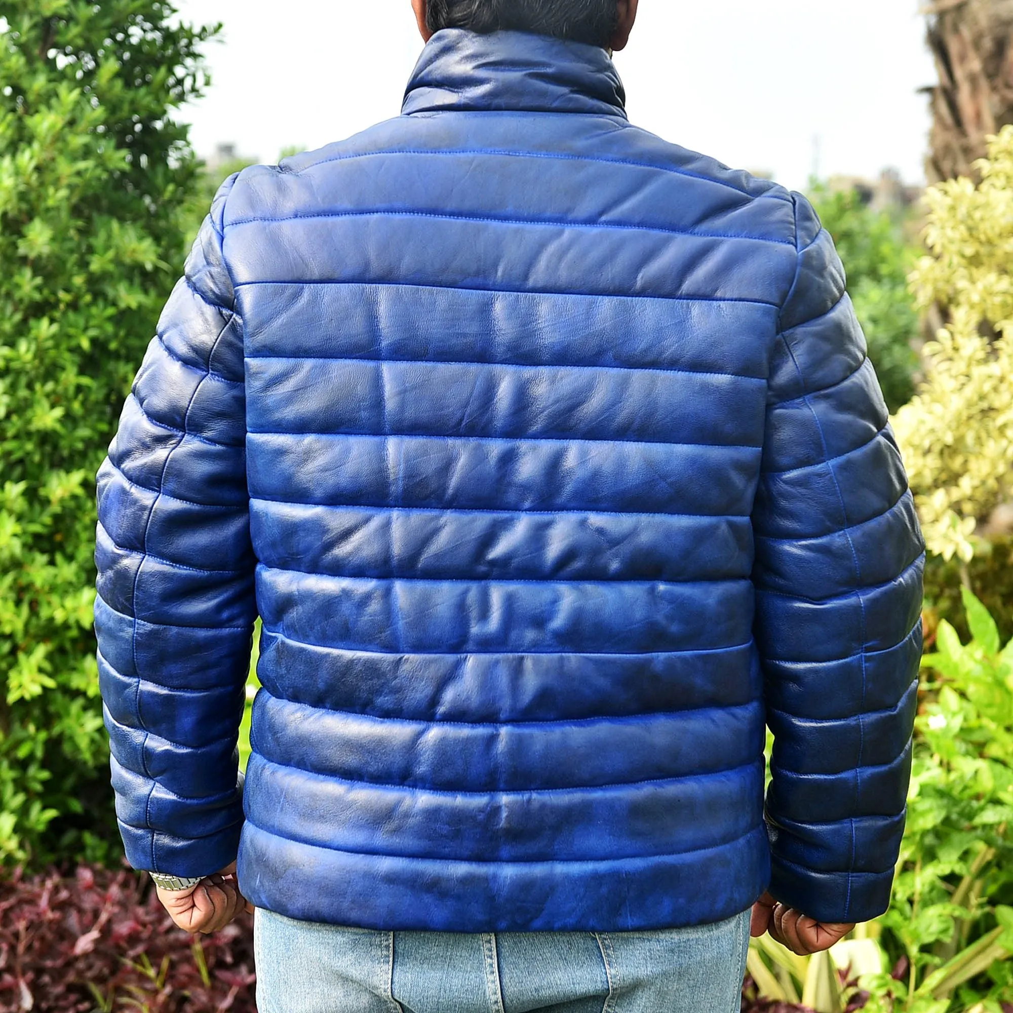 Men's Blue Leather Puffer Jacket