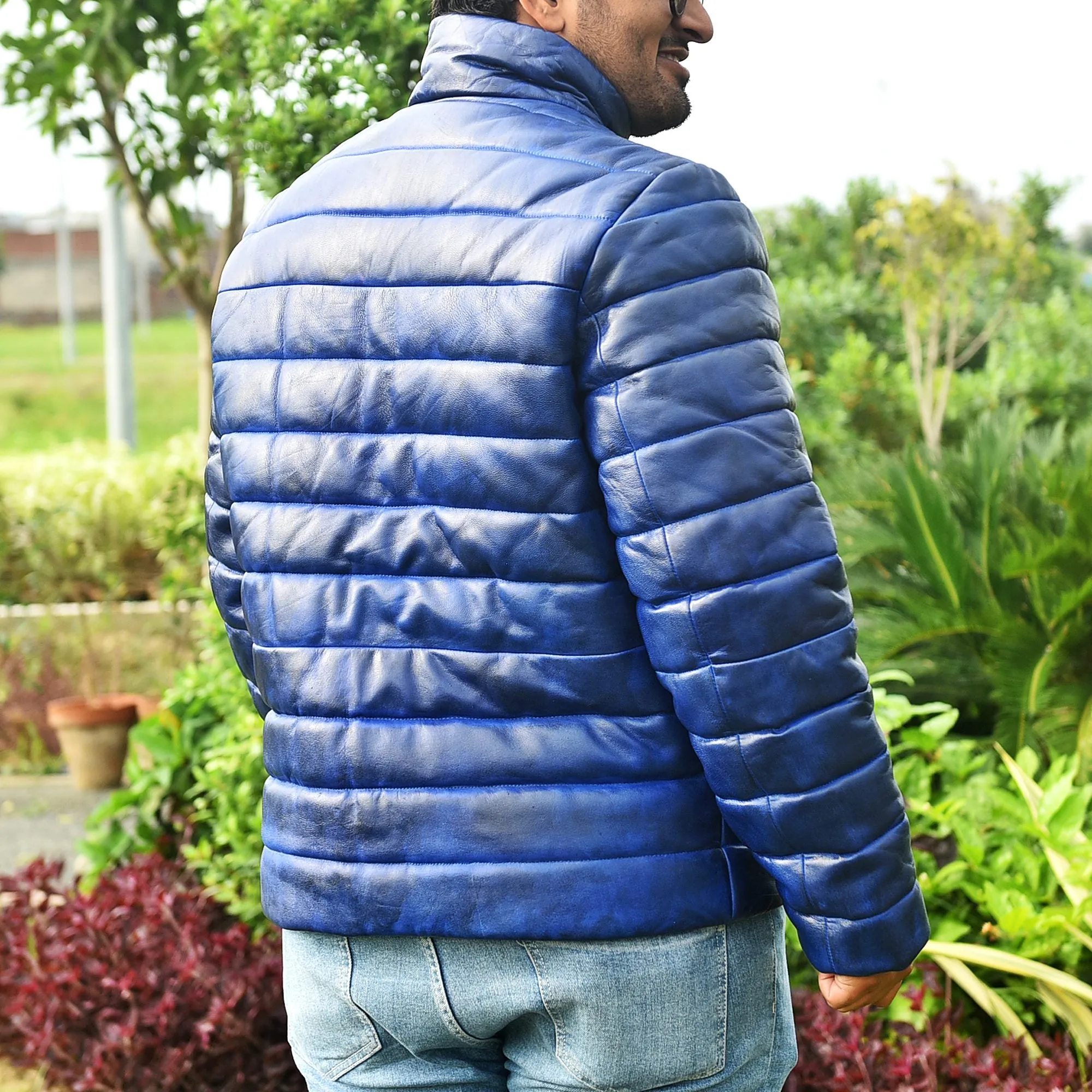 Men's Blue Leather Puffer Jacket