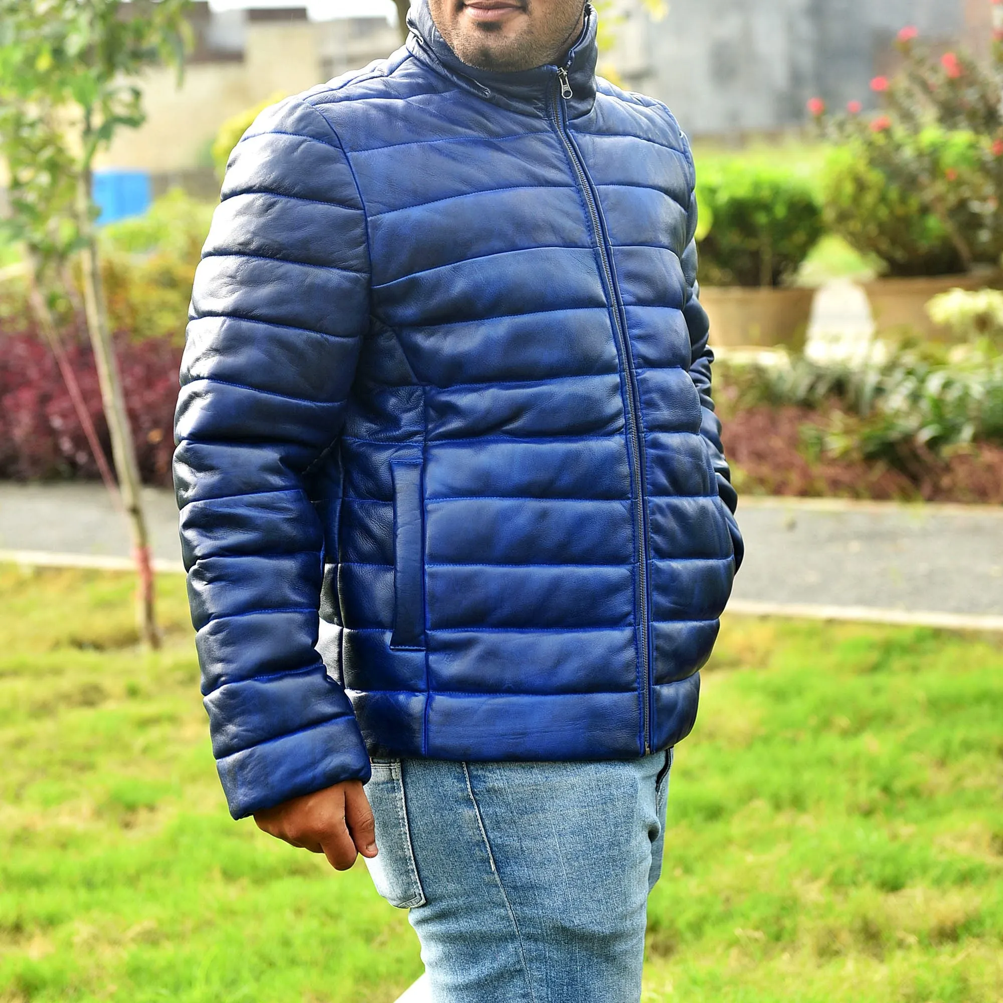 Men's Blue Leather Puffer Jacket