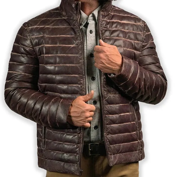 Men's Brown Leather Puffer Jacket