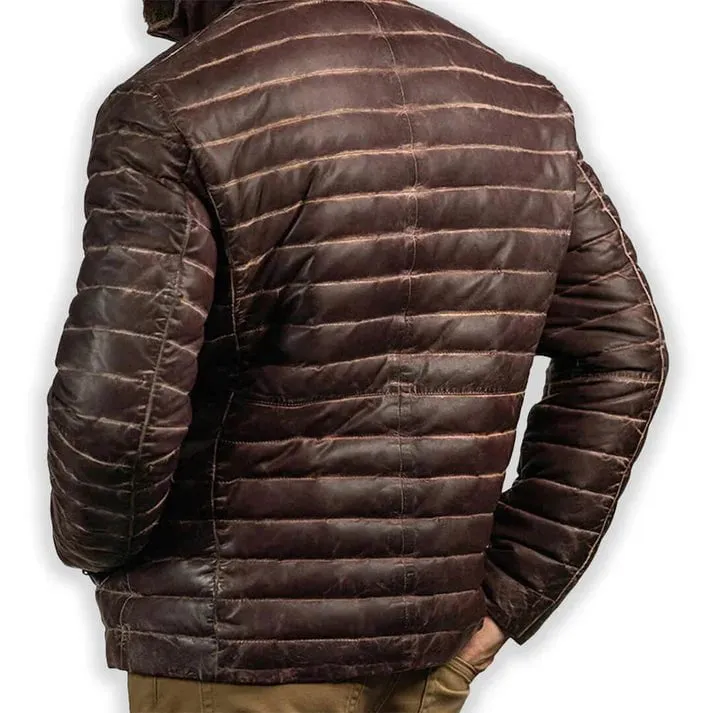 Men's Brown Leather Puffer Jacket