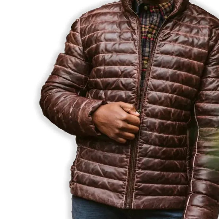 Men's Brown Leather Puffer Jacket