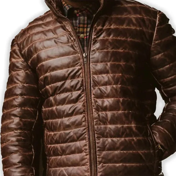 Men's Brown Leather Puffer Jacket