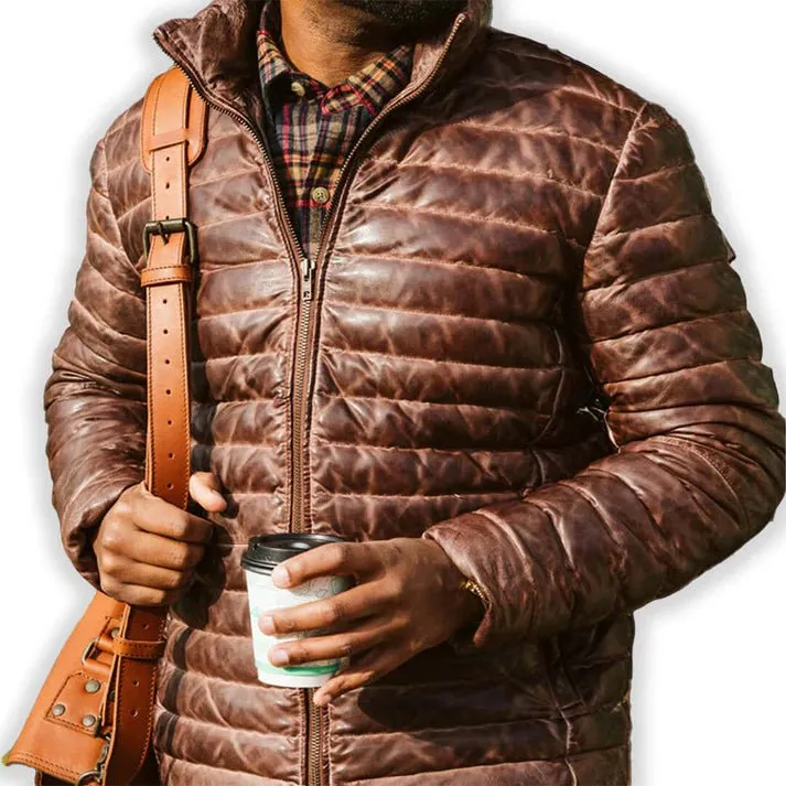 Men's Brown Leather Puffer Jacket