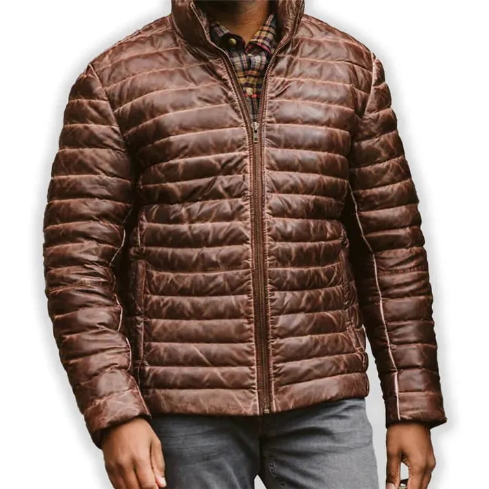 Men's Brown Leather Puffer Jacket