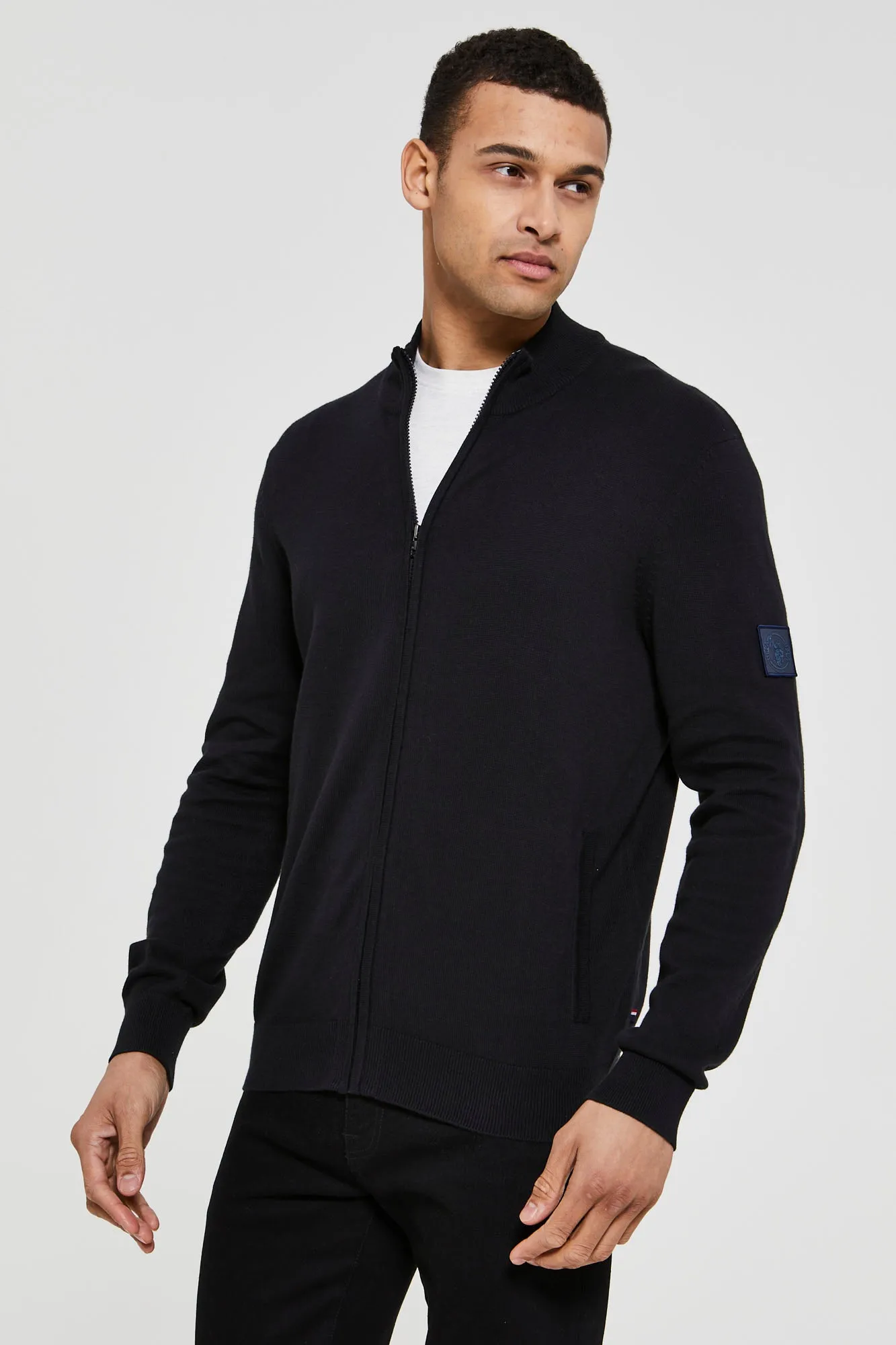 Mens Knitted Funnel Neck Zip Up Sweater in Black