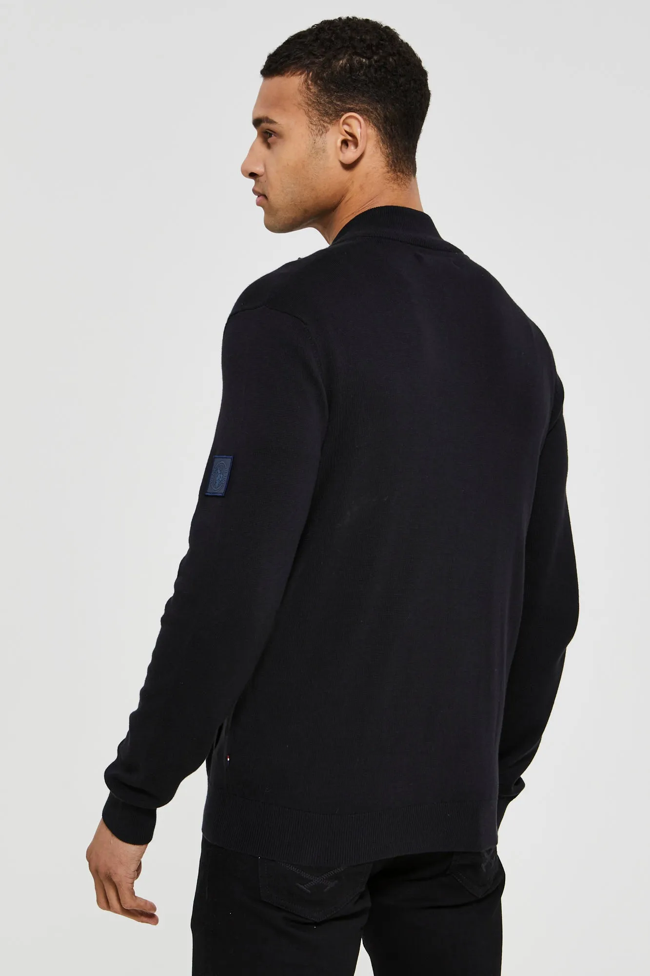 Mens Knitted Funnel Neck Zip Up Sweater in Black