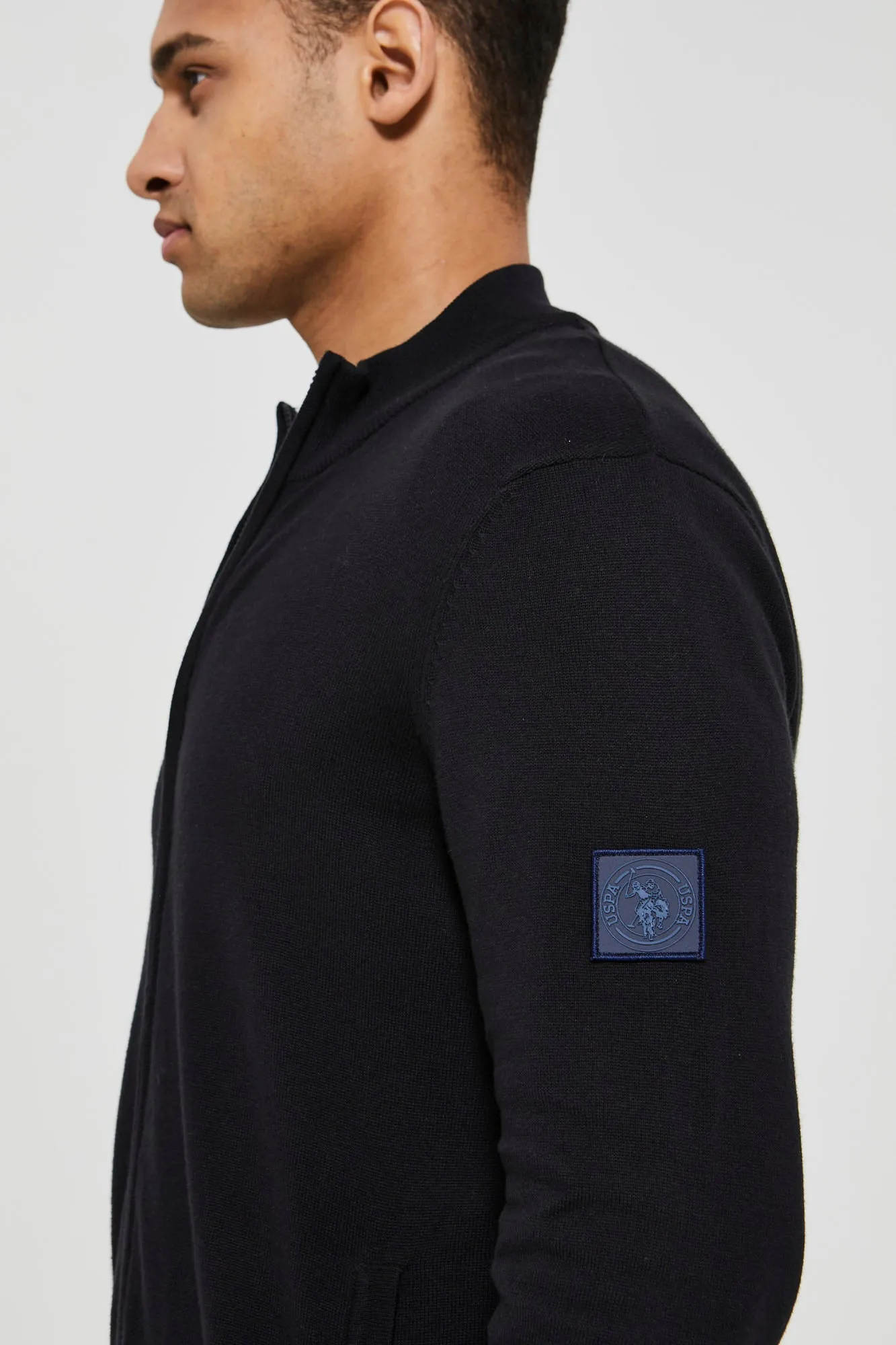 Mens Knitted Funnel Neck Zip Up Sweater in Black