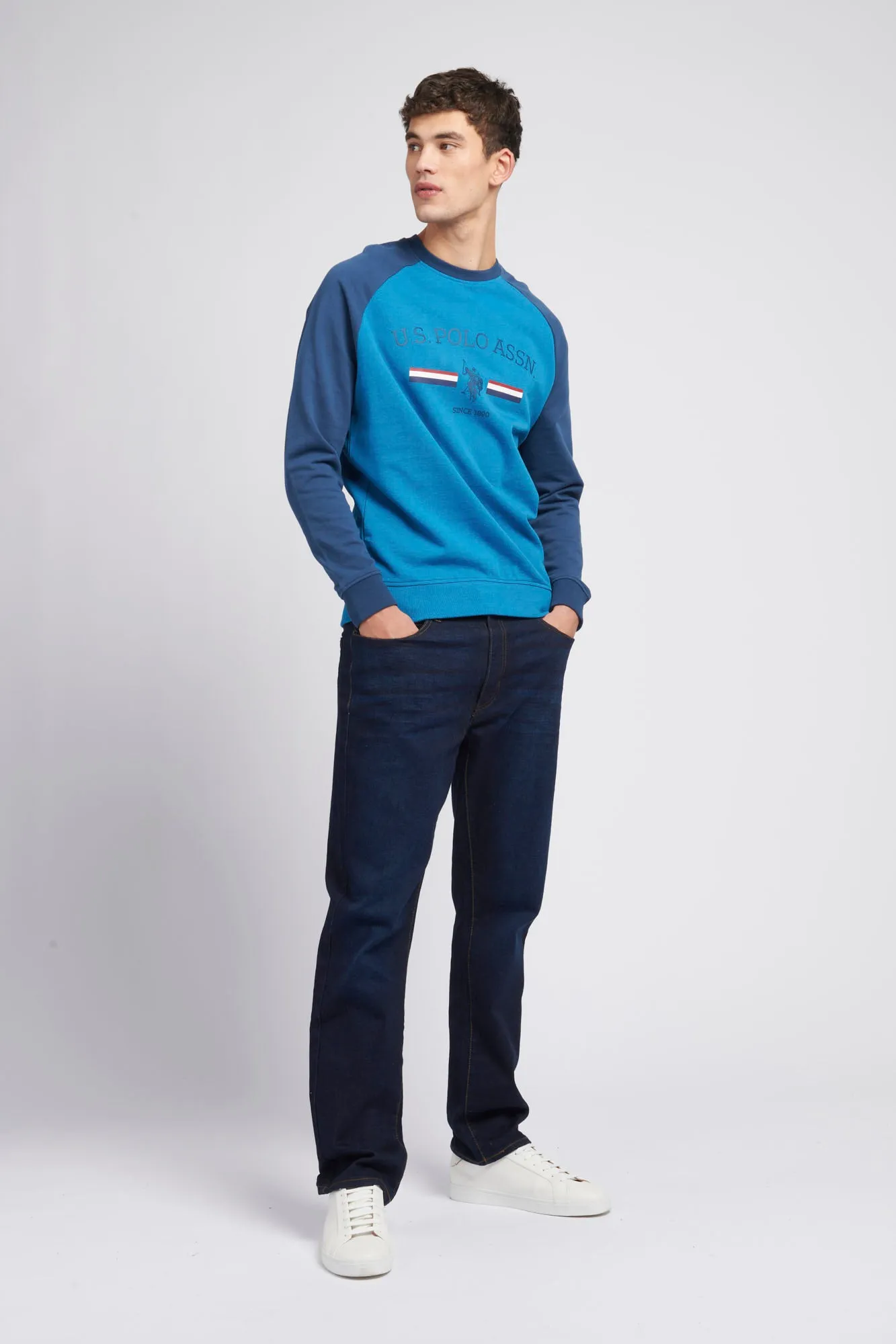 Mens Raglan Rider Crew Neck Sweater in True Blue