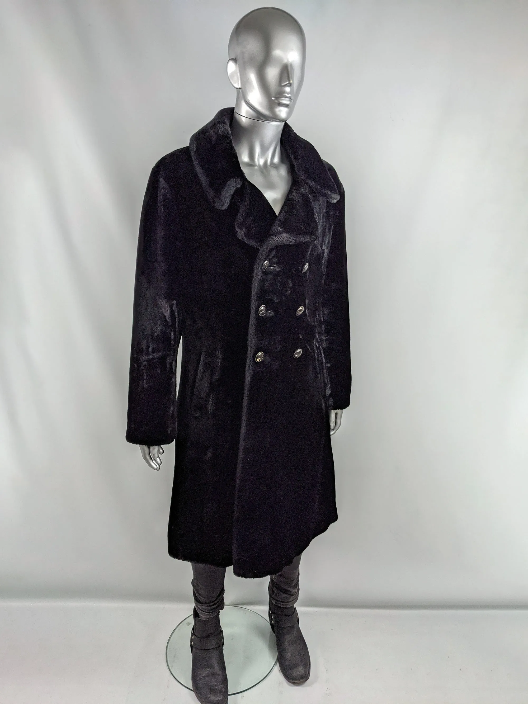 Mens Vintage Long Black Faux Fur Coat, 1970s