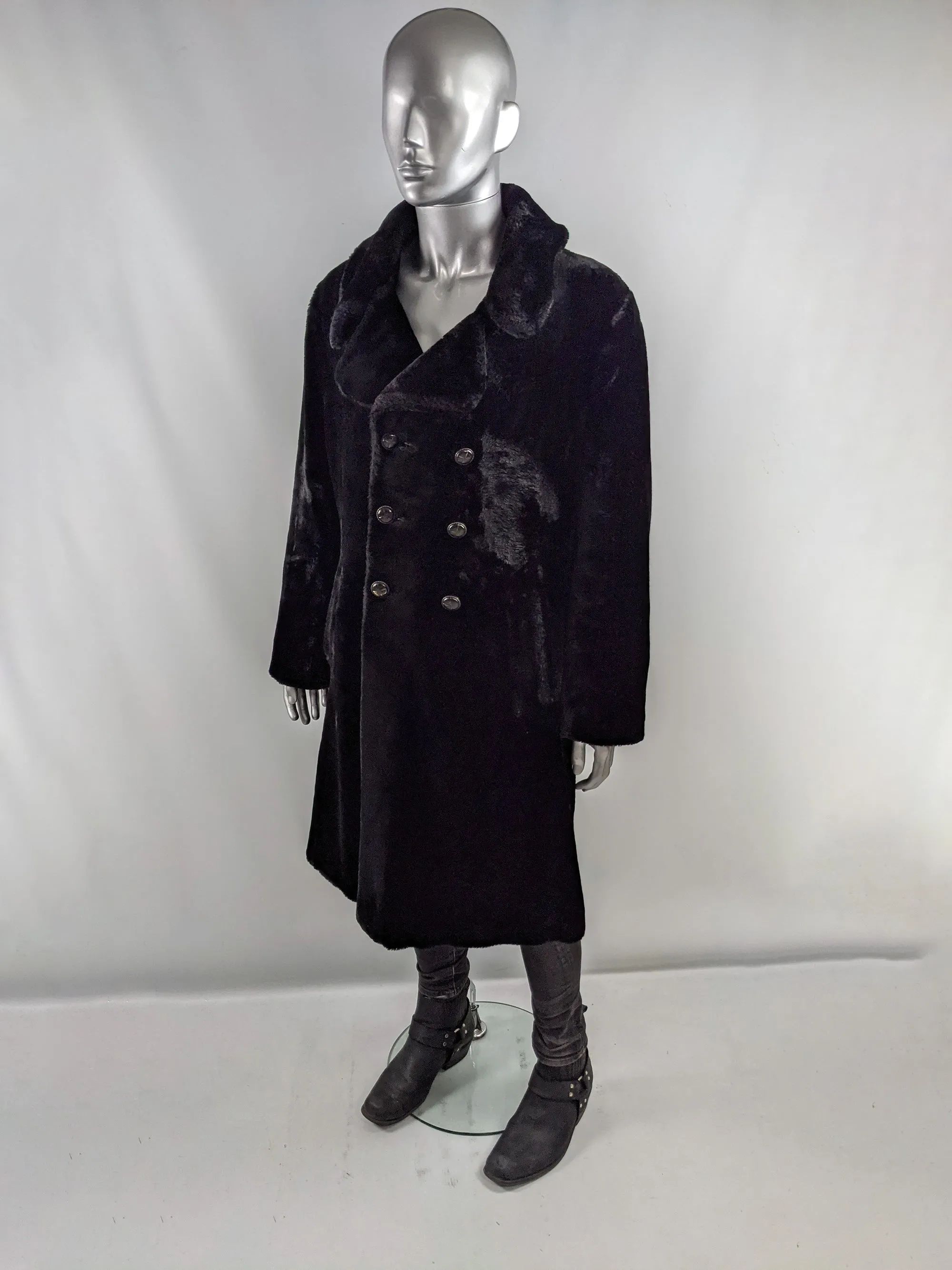 Mens Vintage Long Black Faux Fur Coat, 1970s