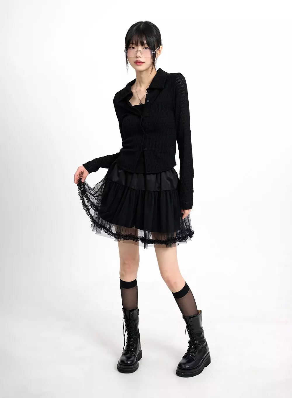 Mesh Ruffle Hem Mini Skirt CM415