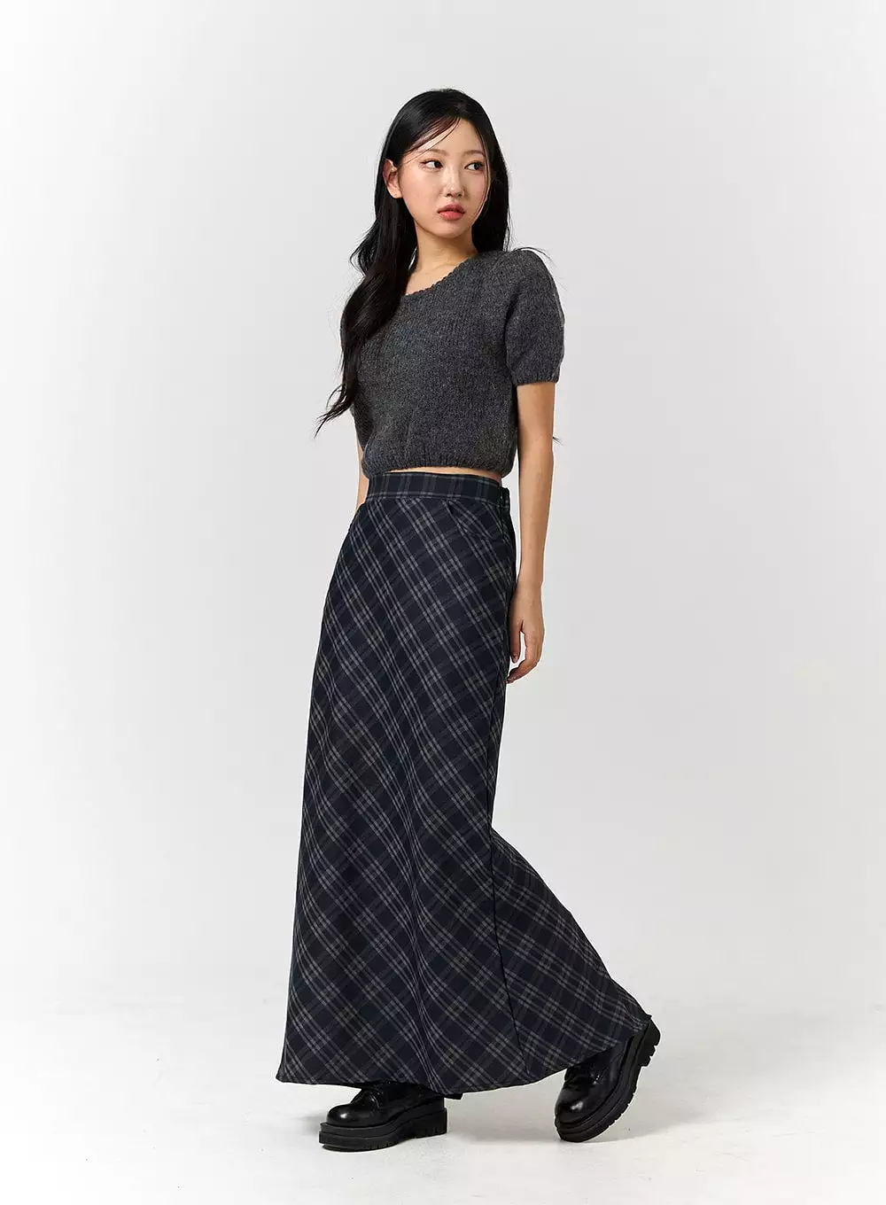 Mid Waist Check Pocket Zip Maxi Skirt CD328