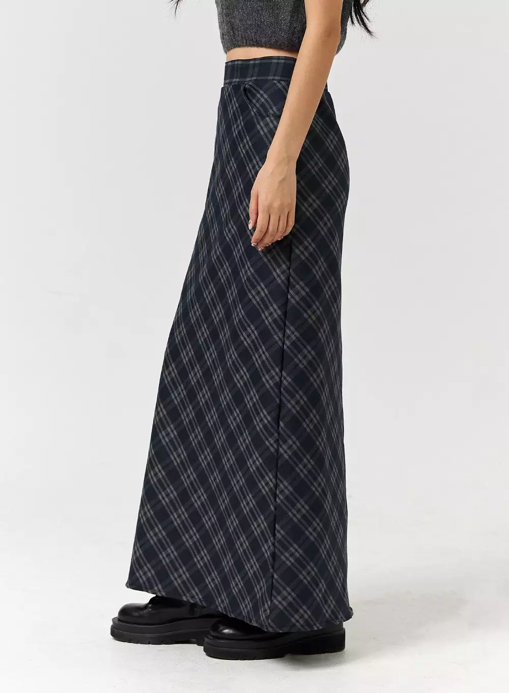 Mid Waist Check Pocket Zip Maxi Skirt CD328