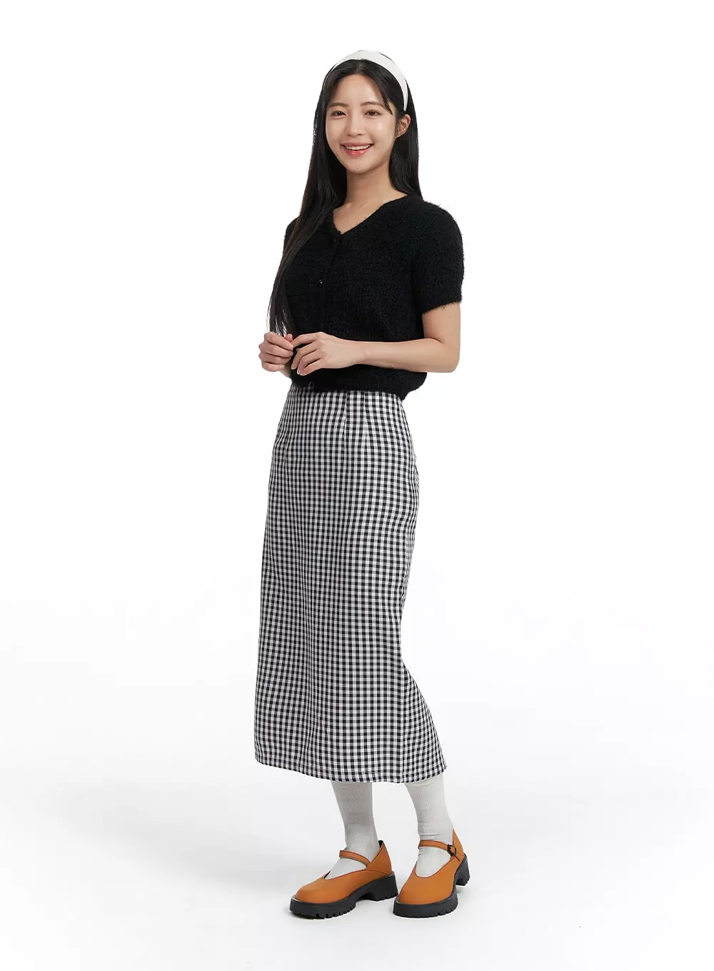 Mid Waist Checkered Maxi Skirt OF416