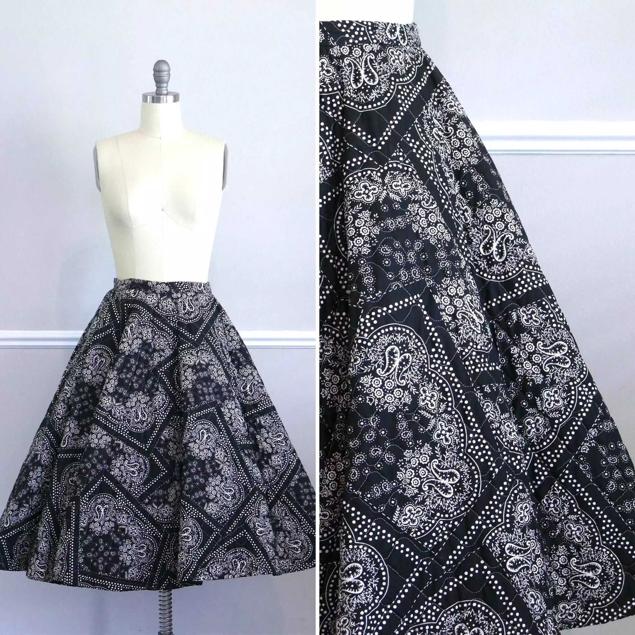 ON SALE Vintage 1950s Hanky Print Quilted Circle Skirt / 50s navy blue fit and flare skirt  size s