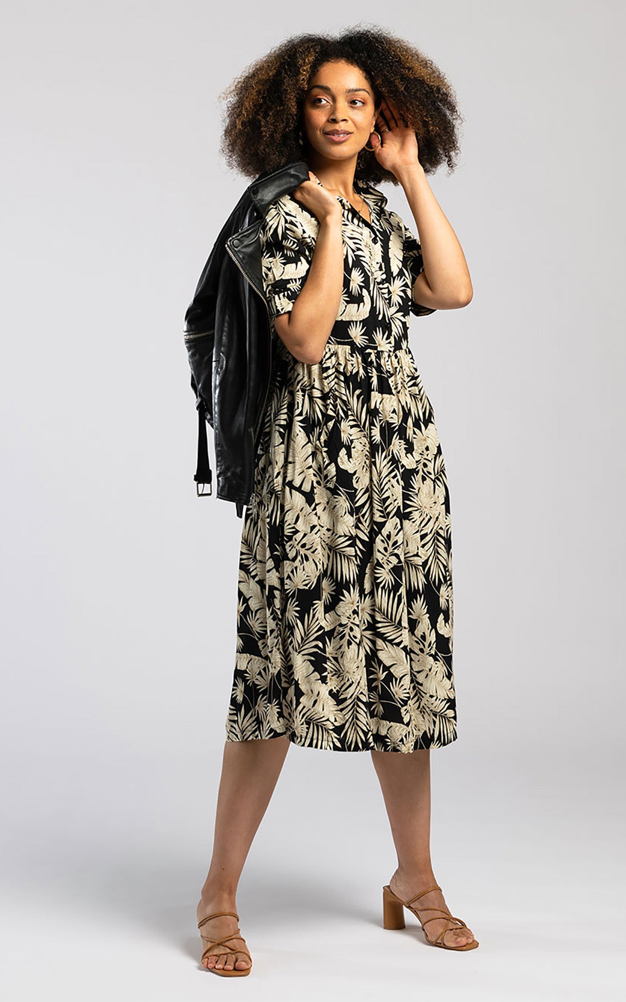 Pentlebay Clothing Midi Shirt Dress In Black Leaf Print