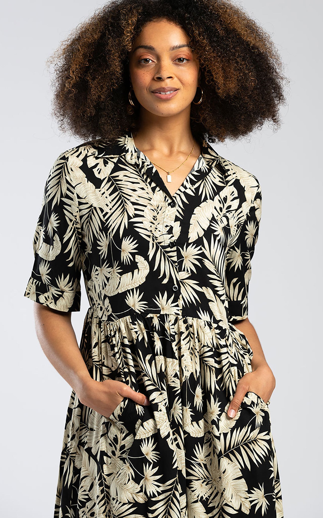 Pentlebay Clothing Midi Shirt Dress In Black Leaf Print