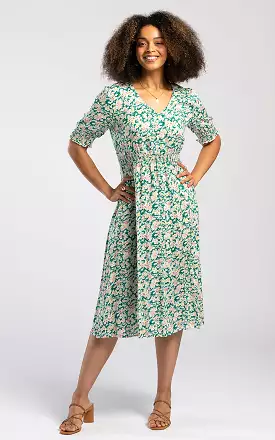 Pentlebay Clothing Shirred Waist Midi Dress In Green Blossom