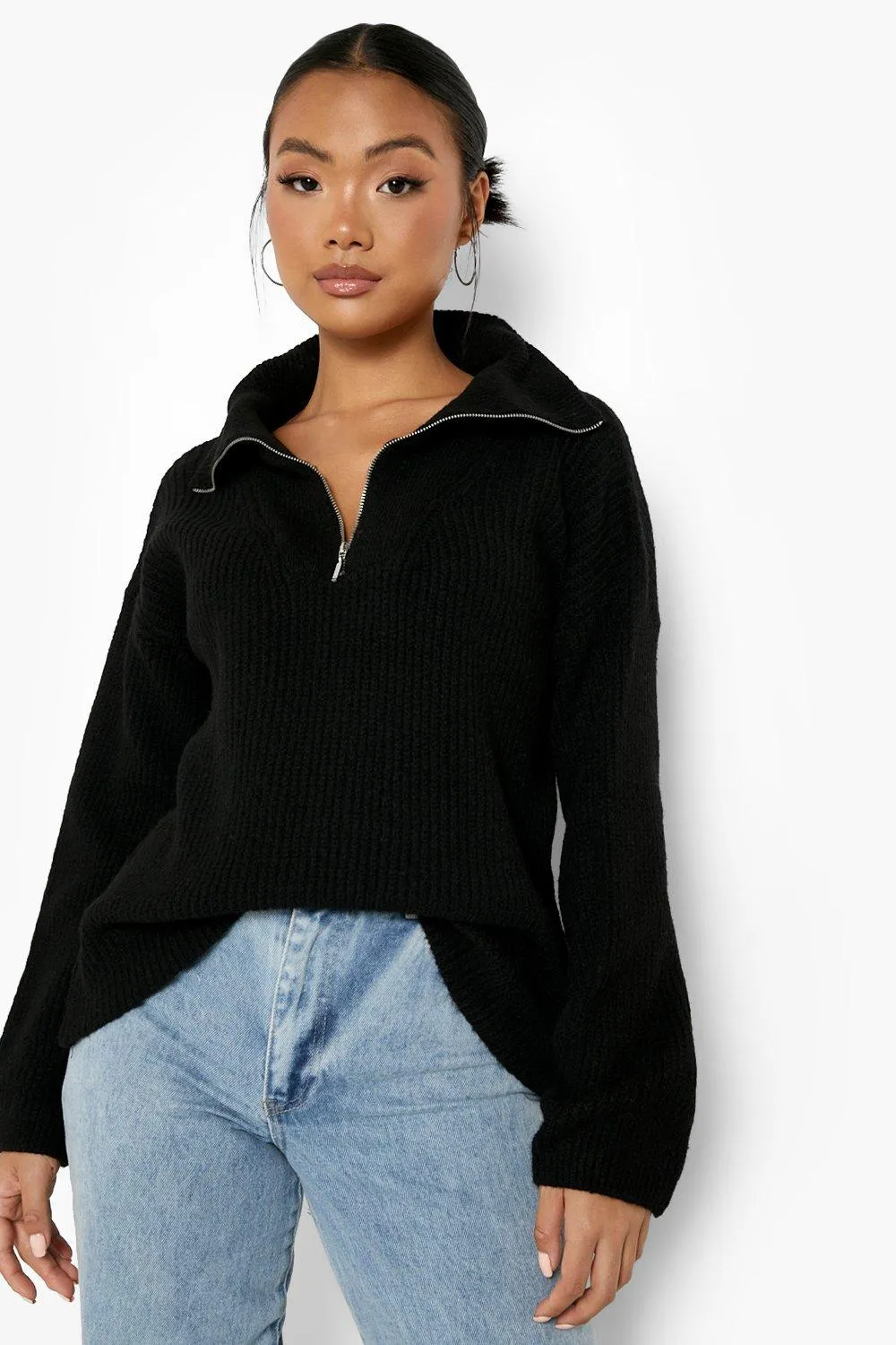 Petite Chunky Grandad Collar Sweater