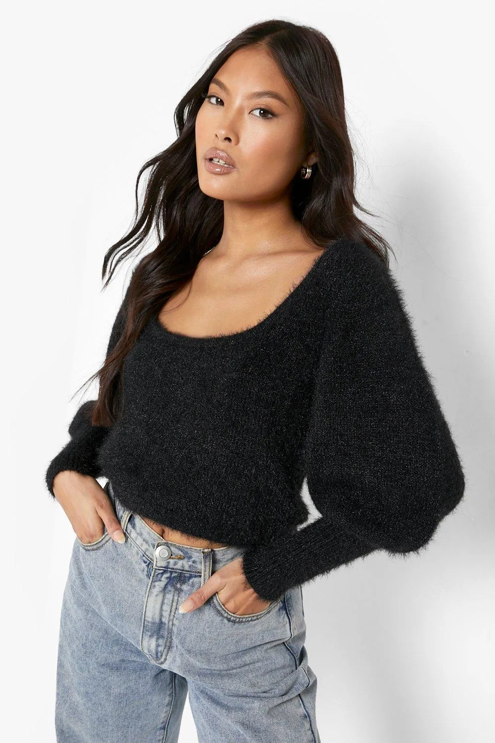 Petite Fluffy Knit Square Neck Crop Sweater