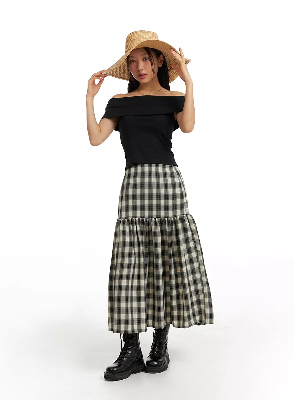 Plaid Flare Maxi Skirt IM404