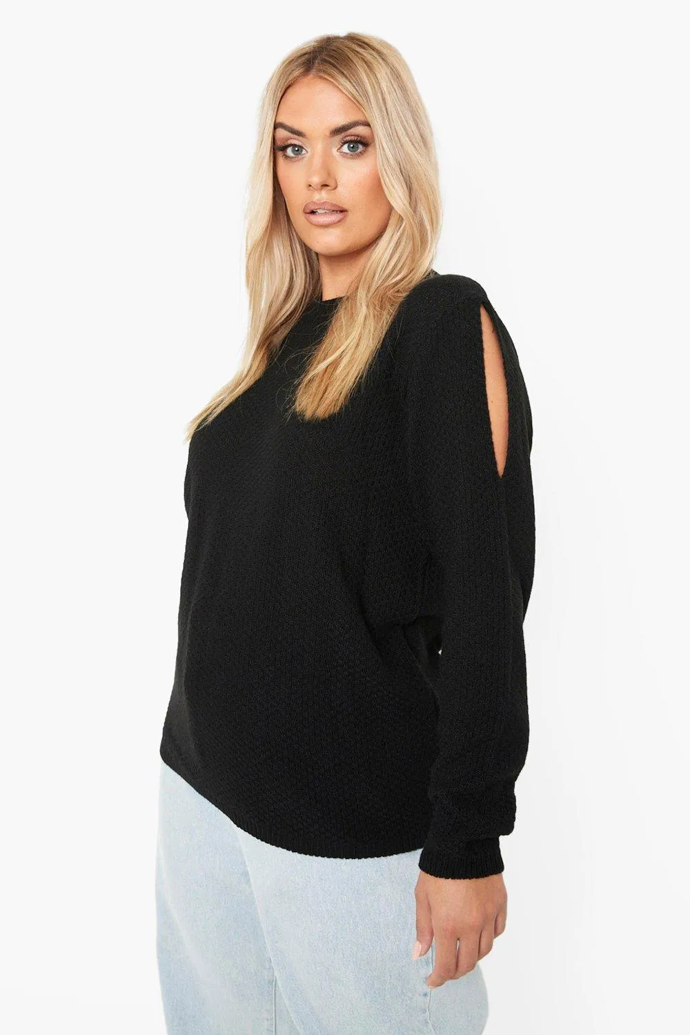 Plus Cold Shoulder Moss Stitch Sweater