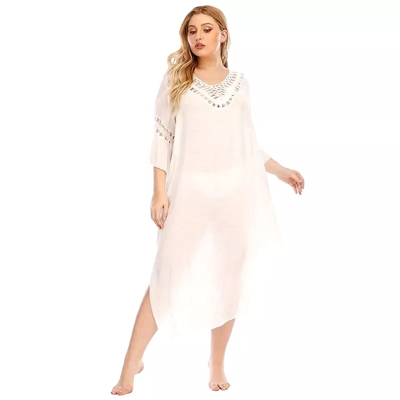 Plus Size White Beach Cover Up Summer Dress Cotton Tunic Beach Kaftan Women Beachwear Backless Swimsuit Cover Up Robe de plage B