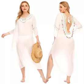 Plus Size White Beach Cover Up Summer Dress Cotton Tunic Beach Kaftan Women Beachwear Backless Swimsuit Cover Up Robe de plage B